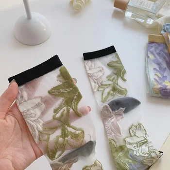 1 пара женских летних стеклянных шелковых носков, модная средняя трубка, повседневные дышащие Тонкие Прозрачные Женские Корейские носки JK Flower Crystal