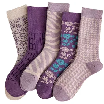 1 пара / комплект женских носков фиолетового цвета, винтажные цветочные Модные Европейско-американские уличные носки, осенние носки средней длины в стиле ретро