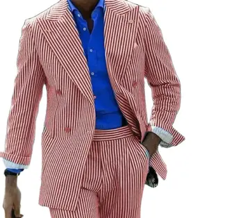 2 шт., тонкие мужские костюмы в нежно-розовую полоску, пиджак, брюки, Свадебная официальная двубортная одежда для вечеринок, блейзер, брюки