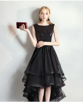 2023 Вечернее платье Robe de soiree, Черное элегантное Вечернее платье с круглым вырезом, Короткое спереди и длинное сзади, расшитое блестками, платье для банкета и выпускного вечера.