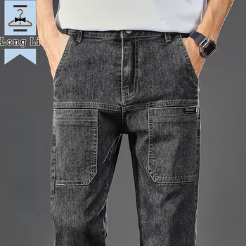 2023 Джинсы с шестью карманами, мужские удобные джинсы-карго, Модные молодежные брендовые прямые рабочие брюки, облегающие мужские брюки с большим карманом.