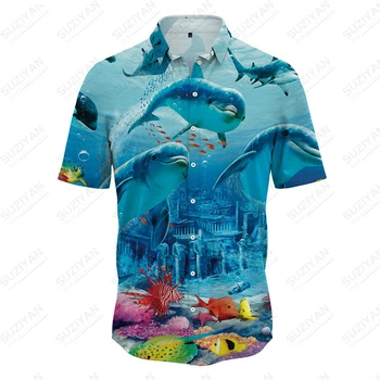 2023 Красочная рубашка с короткими рукавами с глубоководным дизайном для мужчин, Гавайская рубашка большого размера, Уличная мода с коротким рукавом