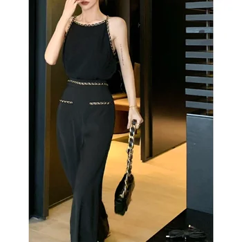 2023 Летний Новый Корейский сексуальный Тонкий Черный камзол без бретелек для женщин + цепная строчка, свободные повседневные широкие брюки, костюм-двойка
