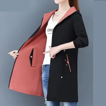 2023 Новая осенняя ветрозащитная женская куртка, женские пальто с капюшоном, повседневные базовые куртки, двусторонняя одежда, тренч средней длины, верхняя одежда