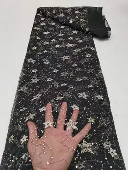 2023 Новейшая Черная Африканская кружевная ткань с 3D вышивкой, высококачественные блестки ручной работы, Французский тюль Для жениха, кружевная ткань для свадьбы