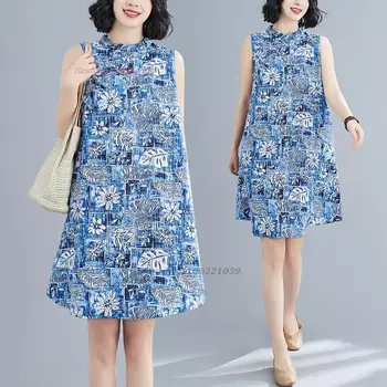 2023 китайское винтажное платье чонсам с национальным цветочным принтом улучшенное женское ципао без рукавов восточное народное платье чонсам ципао