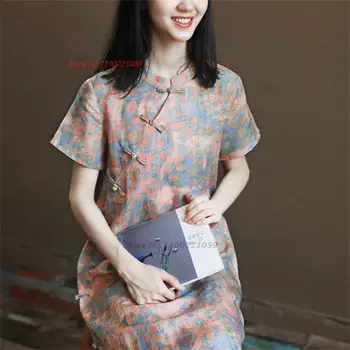 2023 китайское винтажное платье чонсам с национальным цветочным принтом хлопчатобумажное льняное платье ципао винтажное китайское этническое вечернее платье ципао