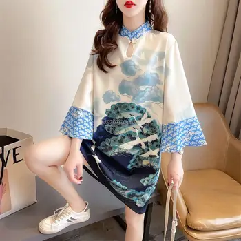 2023 китайское летнее новое улучшенное модное платье-чонсам в национальном стиле с длинным рукавом и воротником-стойкой, женское повседневное платье с принтом qipao s134