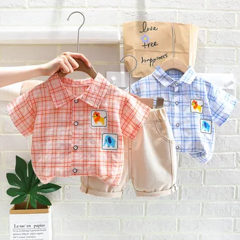 2023 корейские Летние Дети Для маленьких мальчиков Комплект одежды из 2 предметов, Мультяшные Клетчатые рубашки с коротким рукавом, Джинсовые шорты, Брюки, костюм для мальчиков