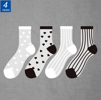 4 пары / упаковка Прозрачных носков, женские носки в полоску / Сердечки / горошек, Ультратонкие Стеклянные шелковые носки Harajuku для милых девочек средней длины
