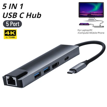 5 в 1 Концентратор Type-C Hub Многопортовый Адаптер с HDMI 4K USB 3,0 2,0 RJ45 Ethernet USB C PD Адаптер Для Зарядки Портативных ПК Accesorios