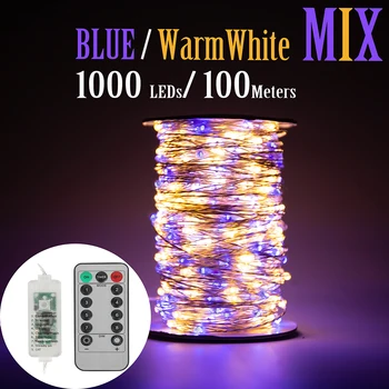 50 м 1000 светодиодных серебряных гирлянд из светодиодной проволоки, синий Теплый белый, водонепроницаемый адаптер для украшения рождественских праздников на елке на открытом воздухе