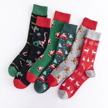 6 Пар Новых красочных модных забавных мужских хлопчатобумажных носков средней длины, Рождественский элемент, Повседневные мужские носки Санта-Клауса, Рождественские подарки