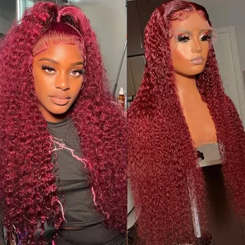 99J Бордовый прозрачный парик с глубокими волнами на кружеве 13x4 красного цвета, Бразильский парик Remy с Т-образной частью, вьющиеся парики из человеческих волос для женщин