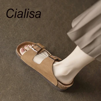 Cialisa, винтажные тапочки с открытым носком, 2023, Летняя повседневная женская обувь ручной работы из натуральной кожи, Женская обувь на плоской подошве, Новинка