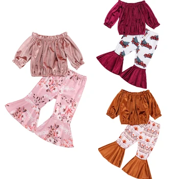 FOCUSNORM, Модные комплекты одежды для маленьких девочек от 0 до 5 лет, Бархатные топы с длинными рукавами и открытыми плечами, расклешенные брюки с принтом, осенний наряд из 2 предметов
