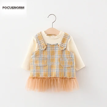 FOCUSNORM/ Осенние комплекты одежды для новорожденных девочек, футболки с длинными рукавами и надписями, топы, прямое платье из меха в клетку