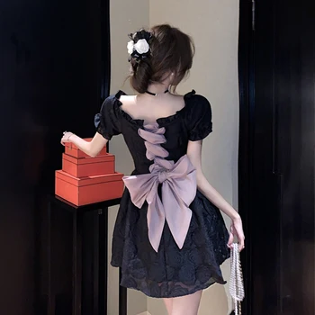 Hong Kong Flavor Web Темпераментный ремешок сзади с бантом на платье с высокой талией