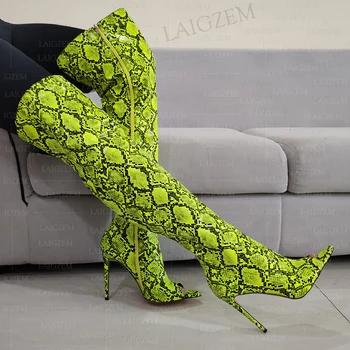 LAIGZEM/ Женские сапоги выше колена на шпильке с открытым носком, Сапоги со змеиным принтом, Удобная женская обувь на молнии, Большие размеры 41 43 46