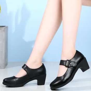 LIHUAMAO обуви на высоком каблуке квадратный каблук удобные женские туфли Мэри Джейн с круглым носком лодыжки ремень женские туфли-лодочки работе партии
