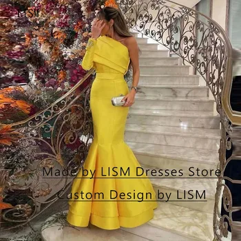 LISM Желтая русалка, вечерние платья на одно плечо, бусы, длинные рукава, плиссированный атлас, Элегантное женское платье в пол из Дубая