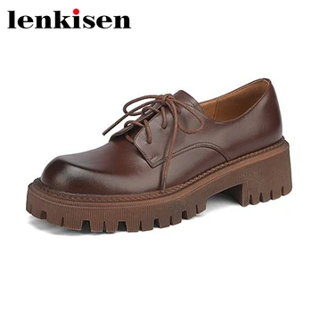Lenkisen/ весенняя обувь из натуральной кожи с круглым носком, водонепроницаемые туфли на среднем каблуке, нескользящие, с перекрестной шнуровкой, градиентные винтажные женские туфли-лодочки l41