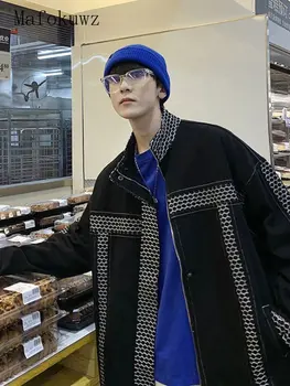 Mafokuwz Ретро Джинсовая Куртка Мужская Демисезонная Корейская Модная Красивая Куртка в стиле Панк Унисекс В Гонконгском стиле, Джинсовое пальто для Хай-Стрит