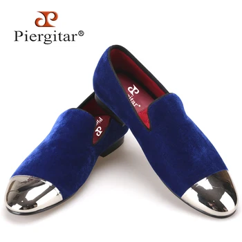 Piergitar/ черно-синие бархатные мужские туфли с золотым и металлическим носком; Модные мужские лоферы для выпускного вечера и банкета ручной работы на плоской подошве