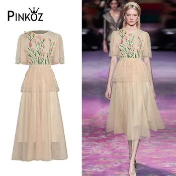 Pinkoz дизайнерское взлетно-посадочное роскошное бежевое платье миди в горошек с рукавом-бабочкой, вышитое многослойным цветком, сладкое платье большого размера vestidos za