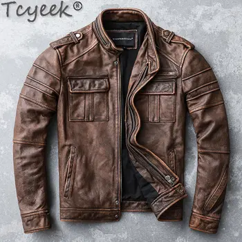 Tcyeek Короткое пальто из коровьей кожи с верхним слоем, винтажная мужская мотоциклетная куртка, шикарные весенне-осенние куртки из натуральной кожи, мужская одежда