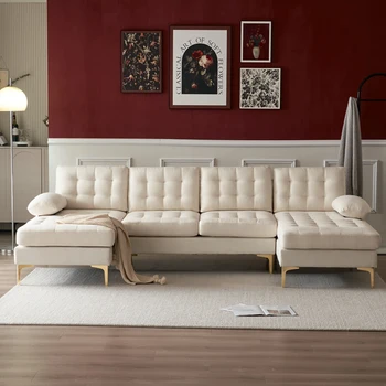 U-образный диван Внутренний модульный диван Деревянный каркас Железный каркас Золотые ножки Бежевый
