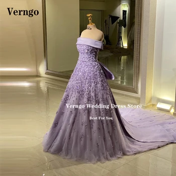 Verngo Элегантные вечерние платья с лавандово-фиолетовыми 3D цветами без бретелек и бантом сзади, шлейф длиной 1 м, платье для выпускного вечера, Свадебное платье для невесты