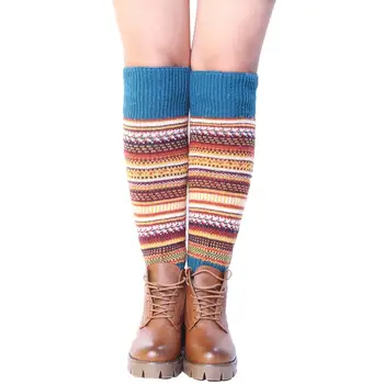 Women Winter Striped Ethnic Boot Socks Knitting Wool Footless Leg Warmers Knee Long Warm Boot Cuffs гетры женские теплые гамаши
