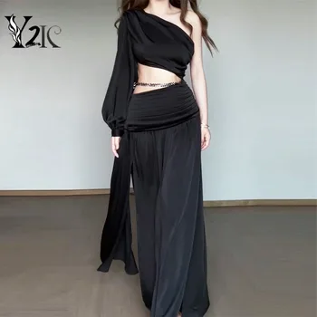 Y2K одежда готический черный выдалбливают одно плечо нерегулярные тонкие макси платья для женщин zevity летнее сексуальное элегантное платье для выпускного вечера ZA