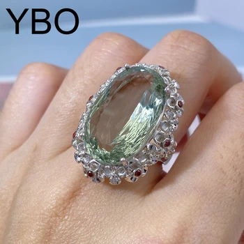 YBO 100% Кольца Из Стерлингового Серебра 925 Пробы Для Женщин, Натуральный Зеленый Кристалл, Овальное Кольцо С Драгоценным Камнем, Роскошные Ювелирные Изделия Для Свадебной Вечеринки, Цветочные Украшения