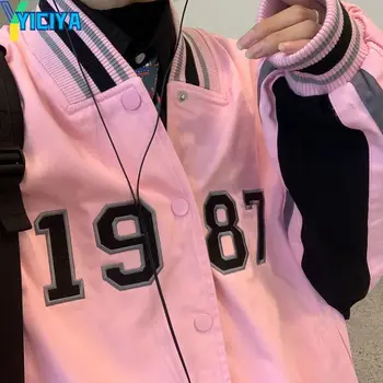 YICIYA университетская куртка бомбер женские розовые бейсбольные куртки с вышивкой, укороченная ветровка на пуговицах, новая куртка, модные пальто