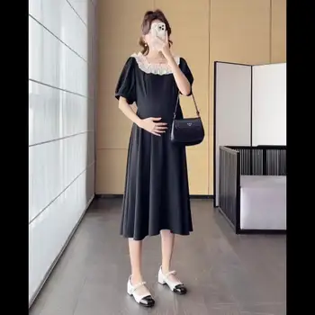 Z44066 # Платье для беременных, свободное платье с коротким рукавом, женское тонкое черное Новое поступление, женская одежда для беременных средней длины для беременных