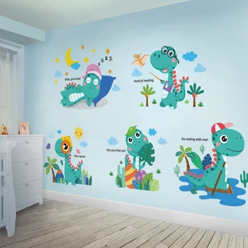 [shijuekongjian] Наклейки на стену с мультяшным динозавром, настенные наклейки с животными, сделанные своими руками, для детских комнат, детской спальни, украшения для дома