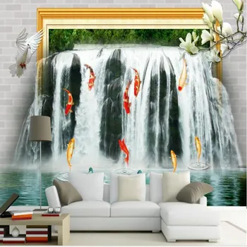 wellyu Custom большая фреска 3D кирпичная стена креативный водопад водопад с девятью рыбками ТВ фон обои для стен