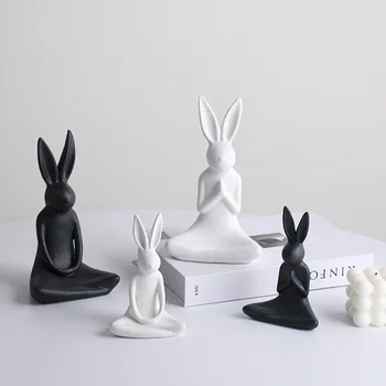 Аксессуары для домашнего декора Kawaii Ceramic Yoga Rabbit, Креативный Рабочий Стол для гостиной, Офисный Стол Kawaii Black and White Rabbit Room Decor