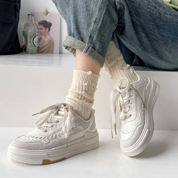 Белая парусиновая обувь на платформе для женщин, увеличивающие рост кроссовки Для девочек, Женская обувь на толстой подошве с двойной шнуровкой