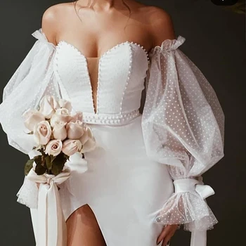Белые Вечерние платья для женщин с V образным вырезом и пышными рукавами в горошек, платья для выпускного вечера с разрезом по бокам, Платье для гостей на свадьбу, платье на заказ 2021 г.