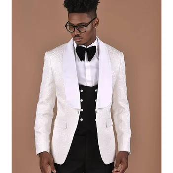 Белый узор С двубортным черным жилетом, мужской костюм, 3 предмета, Смокинги для жениха, Свадебная одежда для жениха, Блейзеры Для мужчин
