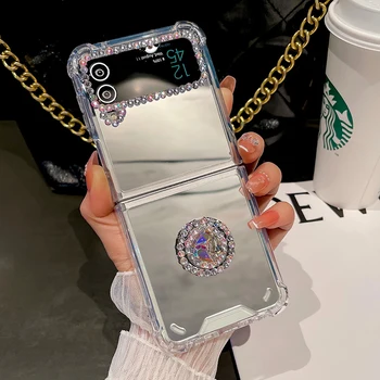 Блестящее кольцо с бриллиантом, держатель для телефона Samsung Galaxy Z Flip 3 4 ZFlip3 Z Flip4 5G, модное зеркало для макияжа, хрустальная блестящая крышка