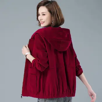 Вельветовое пальто-кардиган, женская одежда весны и осени 2023 года, Корейская версия, Свободная однотонная Женская повседневная куртка с капюшоном и длинным рукавом