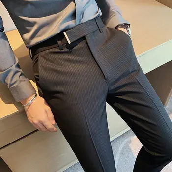 Весенне-летние мужские костюмные брюки в тонкую драповую полоску, деловые, офисные, с эластичным поясом, классические Корейские брюки длиной до щиколоток, мужские H240