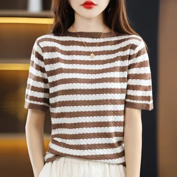 Весенне-летний новый женский пуловер с круглым вырезом из 100% шерсти, полосатая футболка с короткими рукавами, модный вязаный тонкий топ
