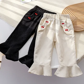 Весенне-осенние Детские брюки-клеш для маленьких девочек, детская одежда, джинсы, повседневные детские вельветовые детские джинсы для маленьких девочек