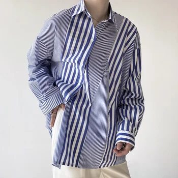 Весна 2022 года, корейский стиль, уникальный дизайн с наклонной планкой, мужские повседневные свободные рубашки в нерегулярную полоску, M-XL