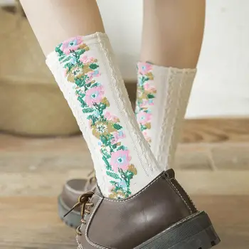 Винтажные Вышитые женские носки в японском стиле Харадзюку, Женские хлопковые носки с забавными цветами, Женские носки Kawaii Kor A8M0